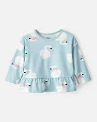 Baby Girl Swan Print Long-Sleeve Peplum Top - Blue