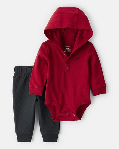 Baby Boy 2-Piece Train Hooded Bodysuit & Pant Set - Red/Black