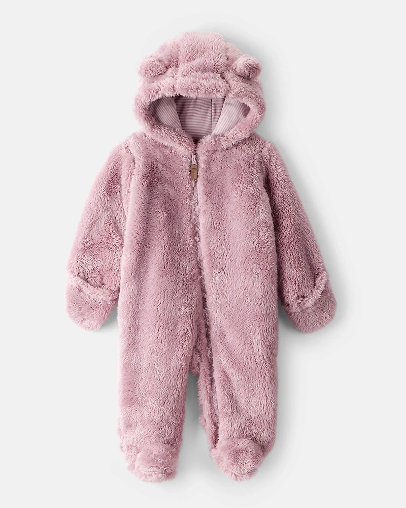 Baby Girl Sherpa Long-Sleeve Hooded Jumpsuit - Pink