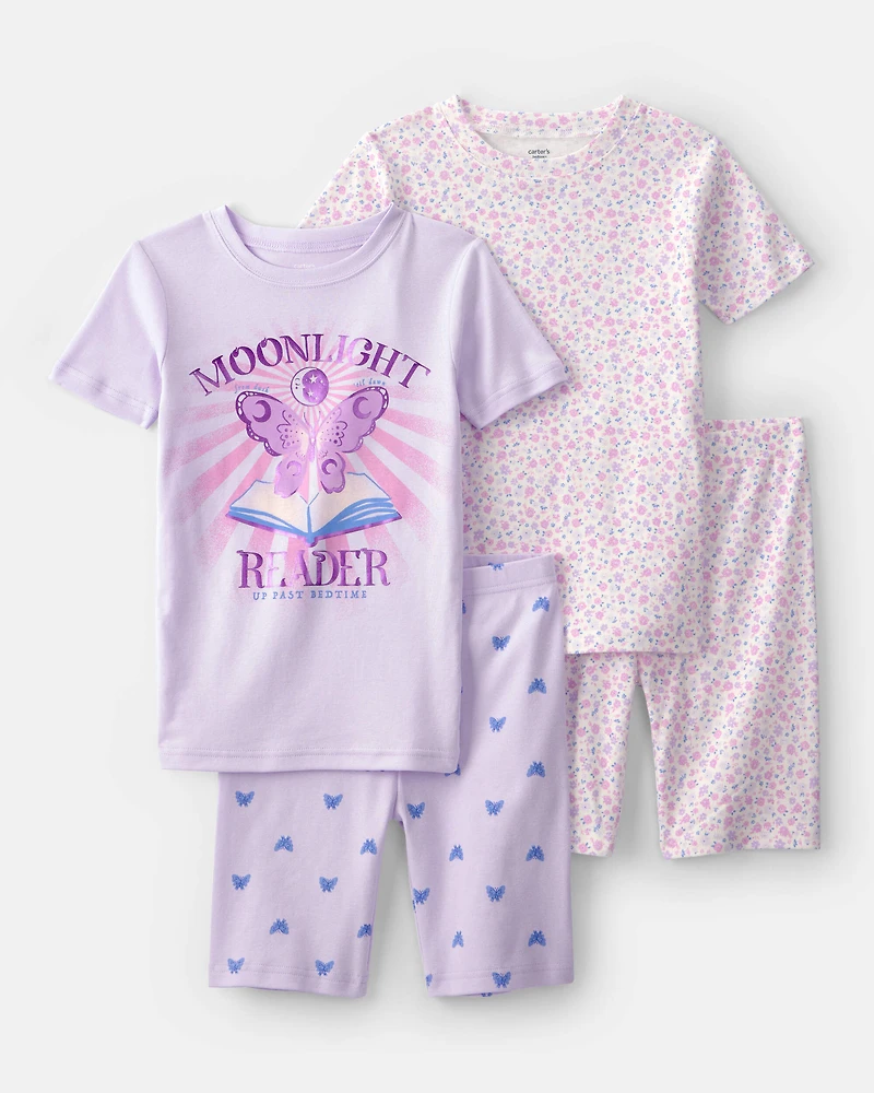 Girls Butterfly Floral 100% Cotton Short-Sleeve Snug Fit 4-Piece pyjama Set - Purple