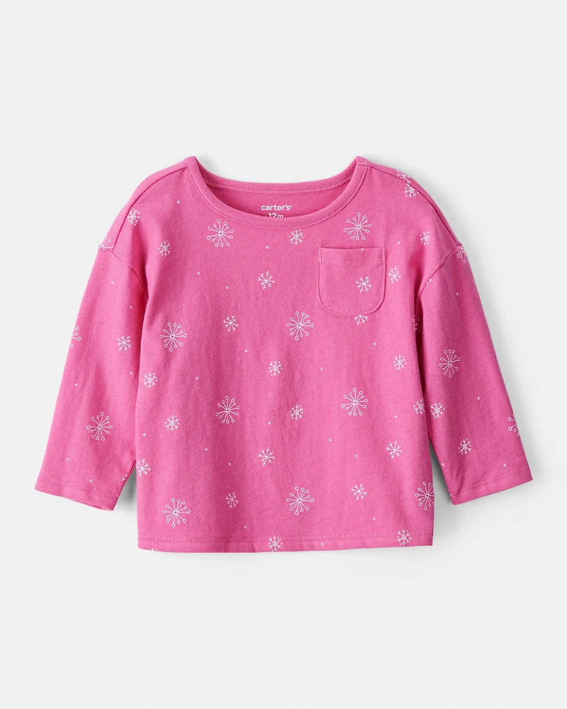 Baby Girl Snowflake Print Long-Sleeve Pocket Tee - Pink