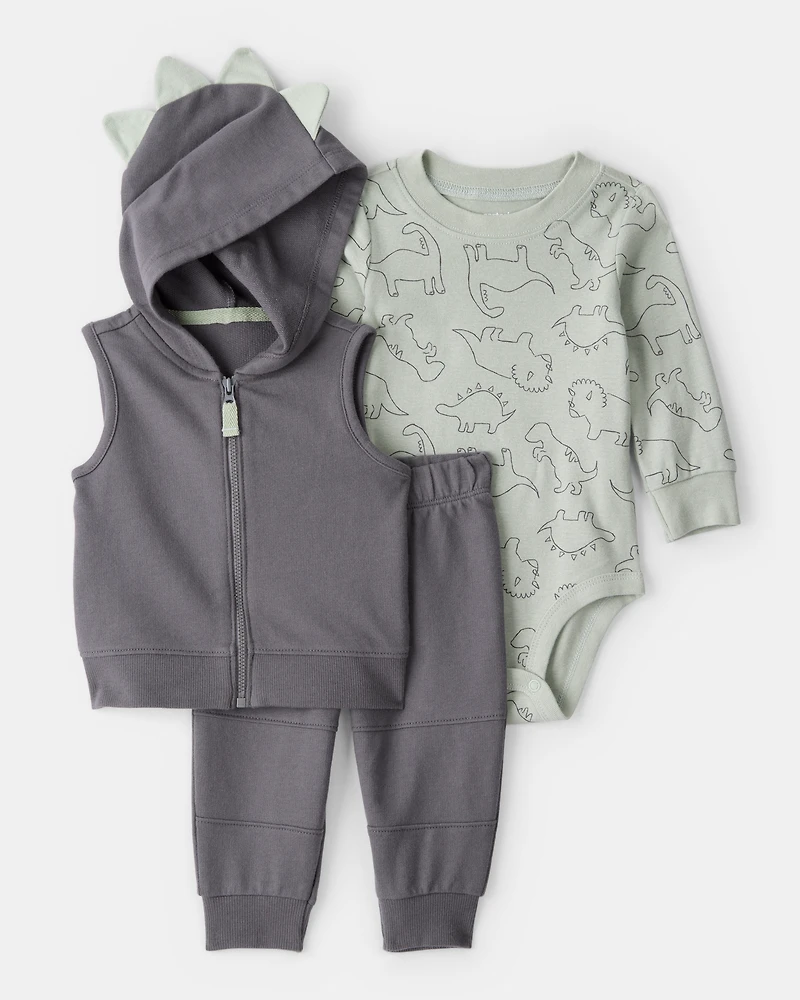 Baby Boy 3-Piece Dinosaur Vest Outfit Set - Grey
