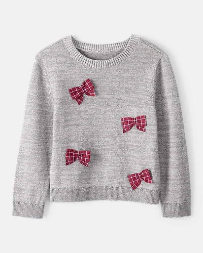 Toddler Girl Bow Cotton Long-Sleeve Sweater - Grey