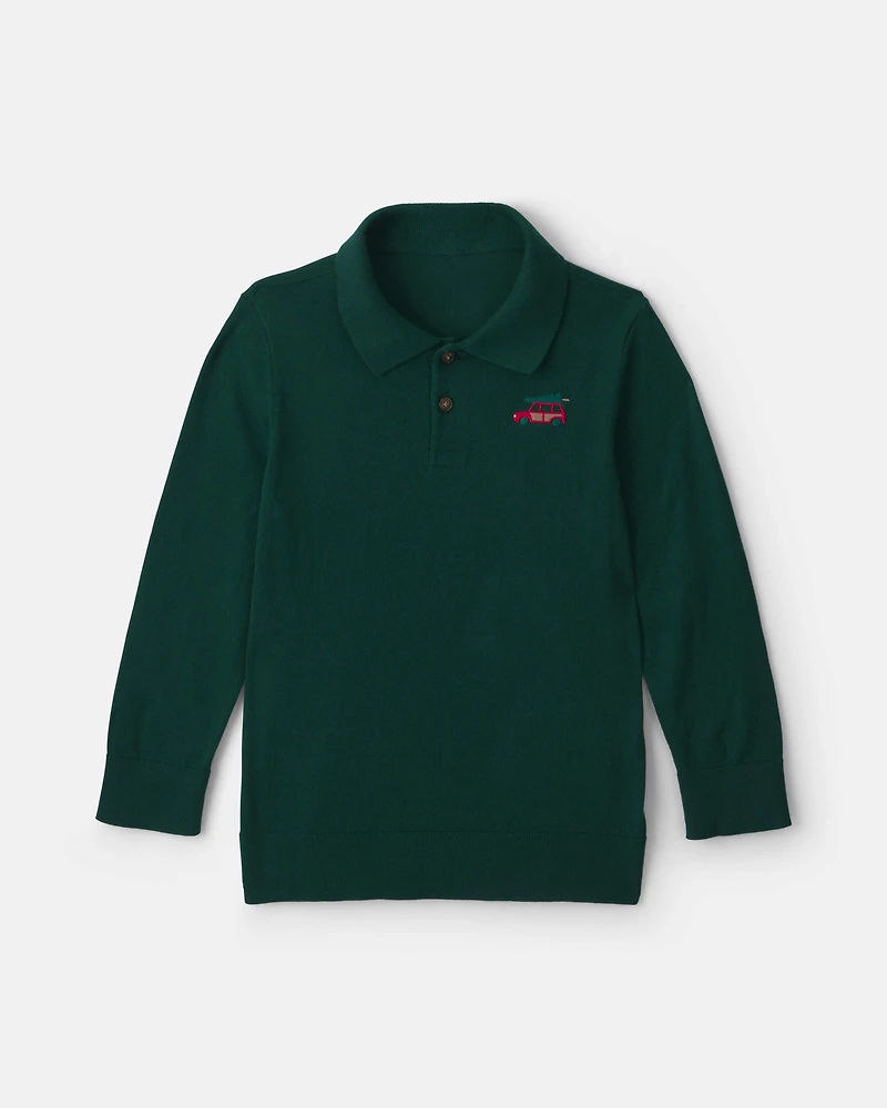 Boys Car Polo Sweater - Olive Green