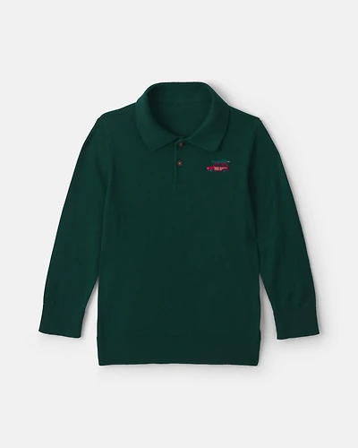 Boys Car Polo Sweater - Olive Green
