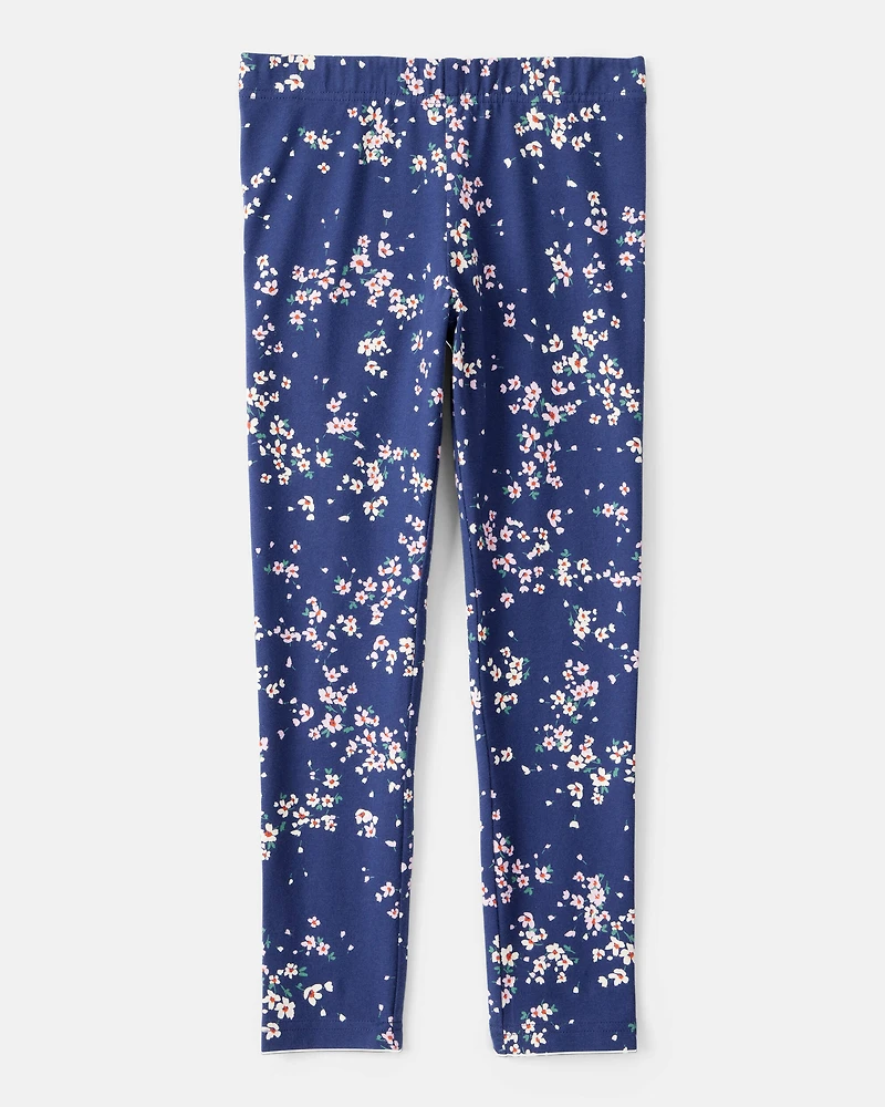 Girls Floral Cotton Pull-On Stretch Leggings - Navy