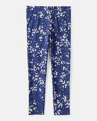 Girls Floral Cotton Pull-On Stretch Leggings - Navy