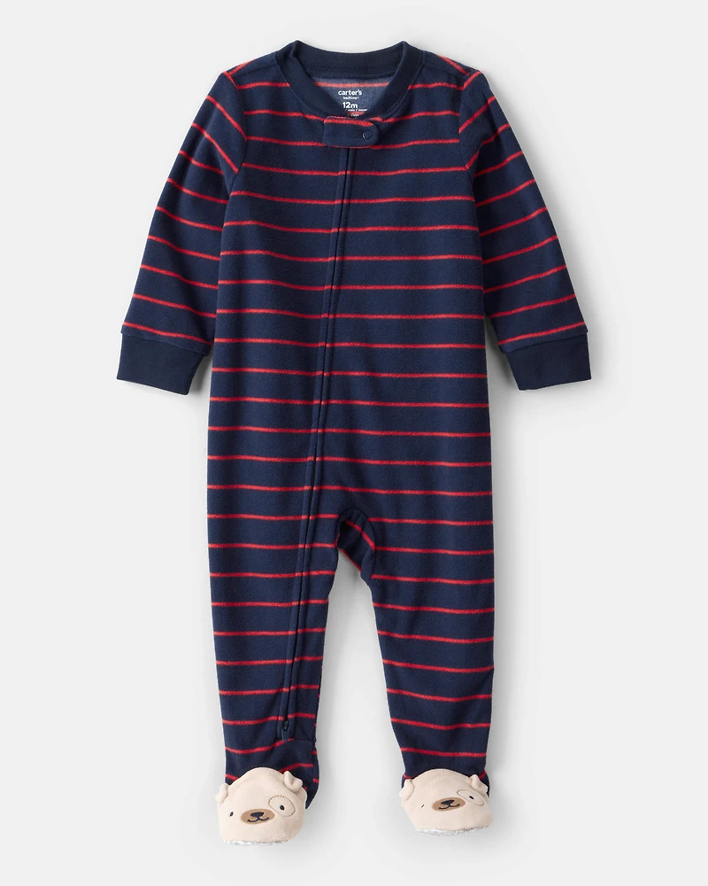 Baby Boy Dog Striped Fleece Loose Fit 1-Piece Pyjamas - Navy
