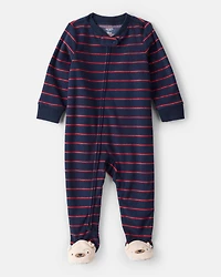 Baby Boy Dog Striped Fleece Loose Fit 1-Piece Pyjamas - Navy