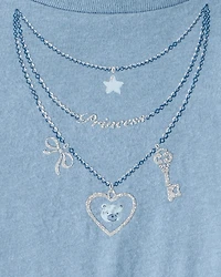 Girls Charm Necklace Long-Sleeve Graphic Tee - Blue