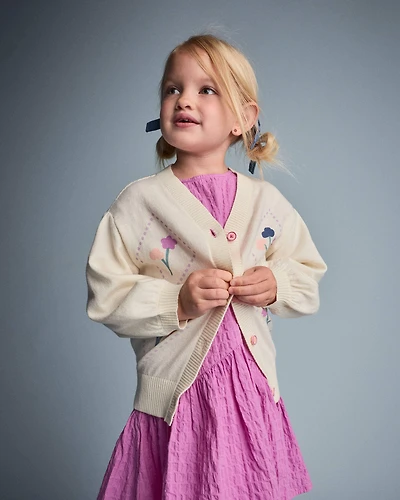 Toddler Girl Embroidered Cardigan Sweater with Flowers - Cream