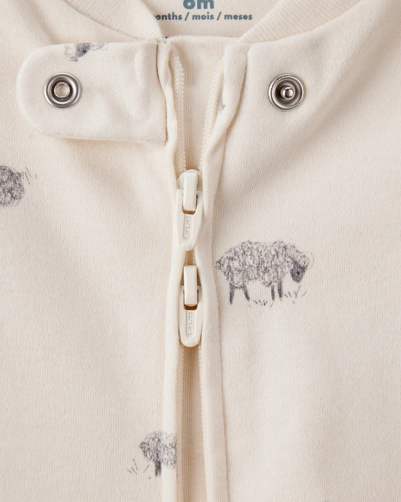 Sheep Print 100% Cotton Long-Sleeve Sleeper - Brown