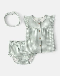 Baby Girl 3-Piece Gingham Top & Short Set - Green