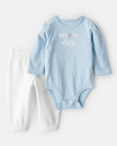 Baby Girl 2-Piece DayDream Fleece Snow Day Bodysuit & Pant Set - Cream/Blue