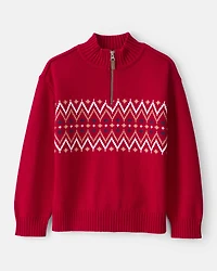 Boys Fair Isle Cotton Quarter-Zip Long-Sleeve Sweater - Red