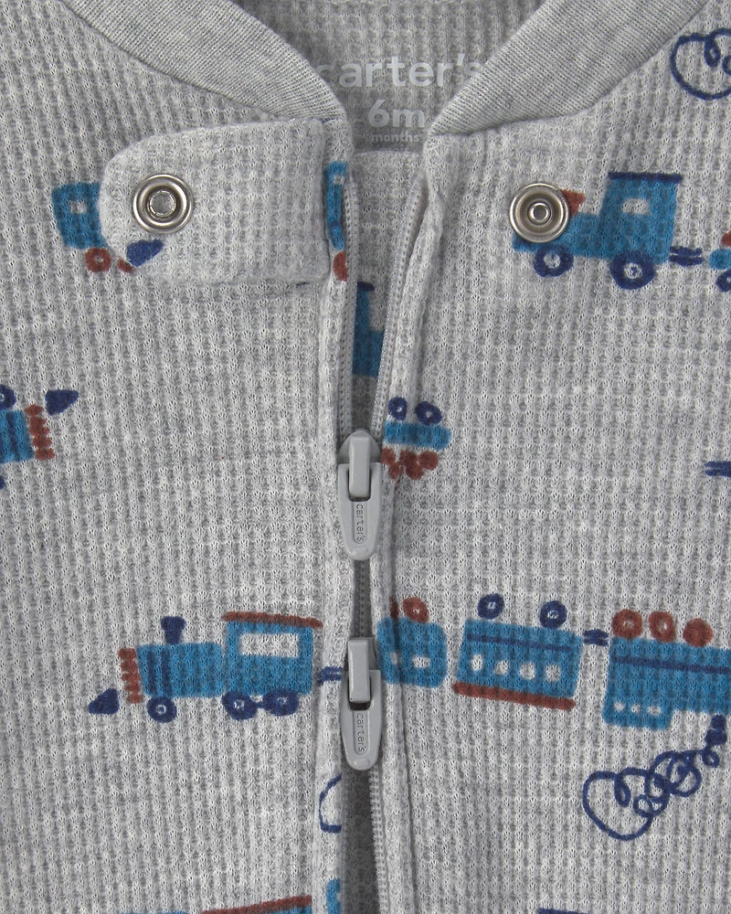 Baby Boy Train Cotton 2-Way Zip Thermal Sleeper - Grey
