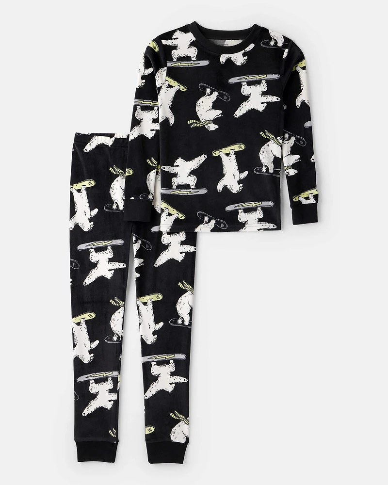 Boys Polar Bear Print DreamPlush Long-Sleeve Snug Fit 2-Piece Pajamas - Black