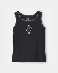 Girls Shell Embroidered Rib Tank Top - Black
