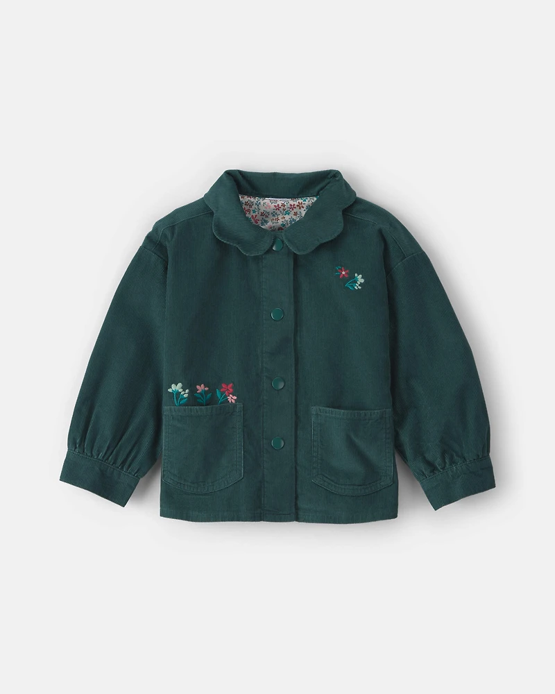 Toddler Girl Flower Embroidered Corduroy Jacket - Green