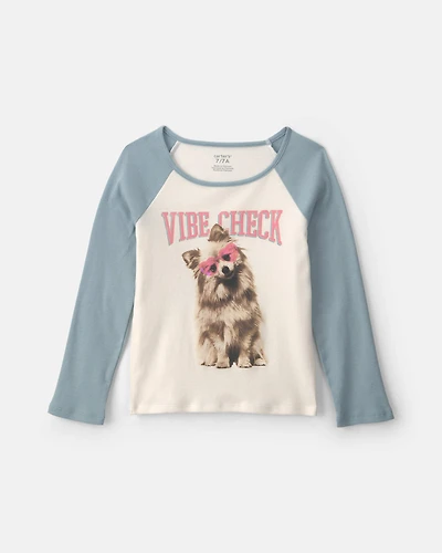 Girls 'Vibe Check' Dog Graphic Tee - Cream/Blue