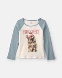 Girls 'Vibe Check' Dog Graphic Tee - Cream/Blue