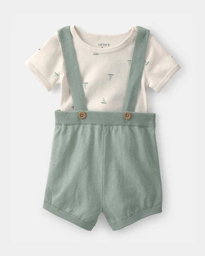 Baby 2-Piece Sailboat Overall Set - Green/Ivory