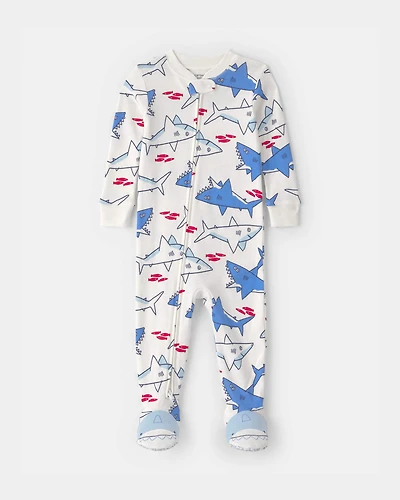 Baby Boy Shark Animal 100% Cotton Snug Fit 1-Piece pyjama - White