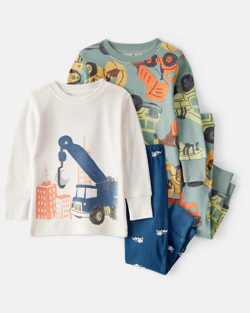 Baby Boy Construction Print 100% Cotton Long-Sleeve 4-Piece Pyjamas - Blue/White/Navy