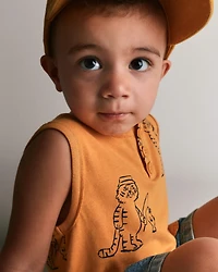 Toddler Boy Henley Tank Fishing Tiger Print - Mustard Yellow