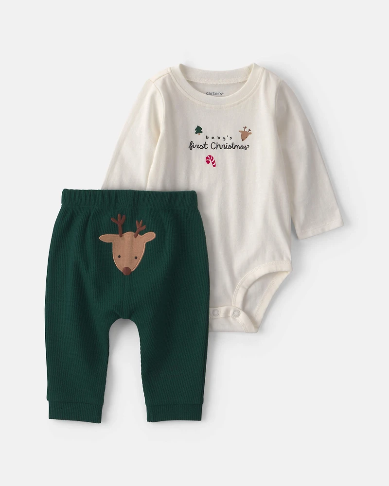 Baby 2-Piece 'Baby's First Christmas' Long-Sleeve Bodysuit & Pant Set - Ivory/Green