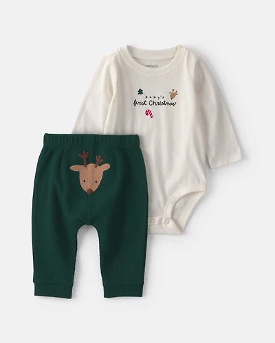 Baby 2-Piece 'Baby's First Christmas' Long-Sleeve Bodysuit & Pant Set - Ivory/Green