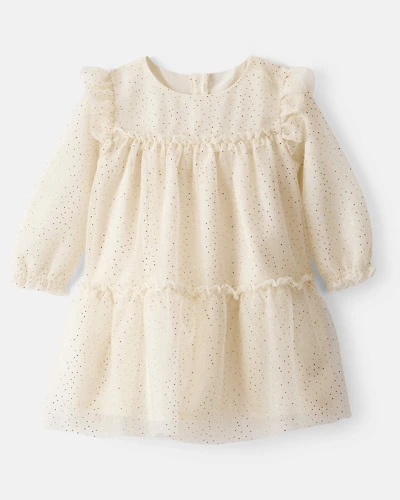 Baby Girl Sparkle Polka Dot Tulle Long-Sleeve Dress - Ivory