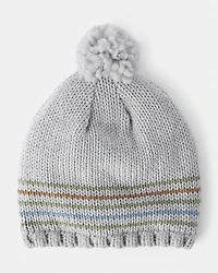 Toddler Boy Striped Pom Winter Hat - grey