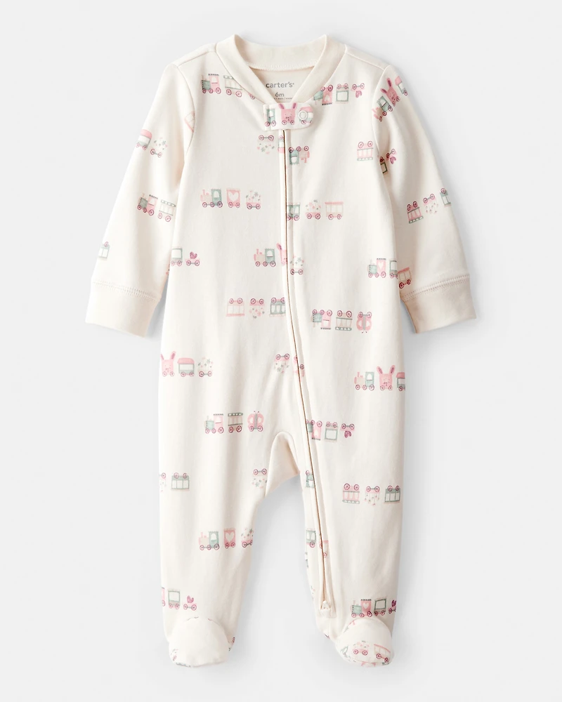 Baby Girl Train Print 100% Cotton Long-Sleeve Snug Fit Sleeper- White