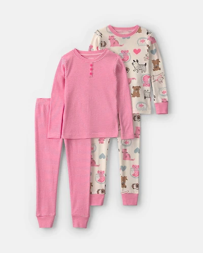 Baby Girl 4-Piece Pets 100% Cotton Snug Fit Pyjama Set - Pink/Cream