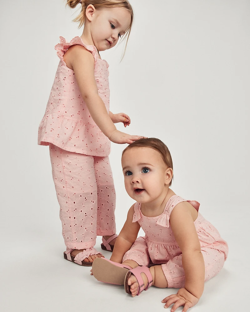 Baby Girl Eyelet Sleeveless Jumpsuit - Pink