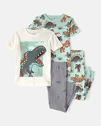 Baby Boy Dinosaur 100% Cotton Snug Fit 4-Piece Pyjama Set - Blue/Grey