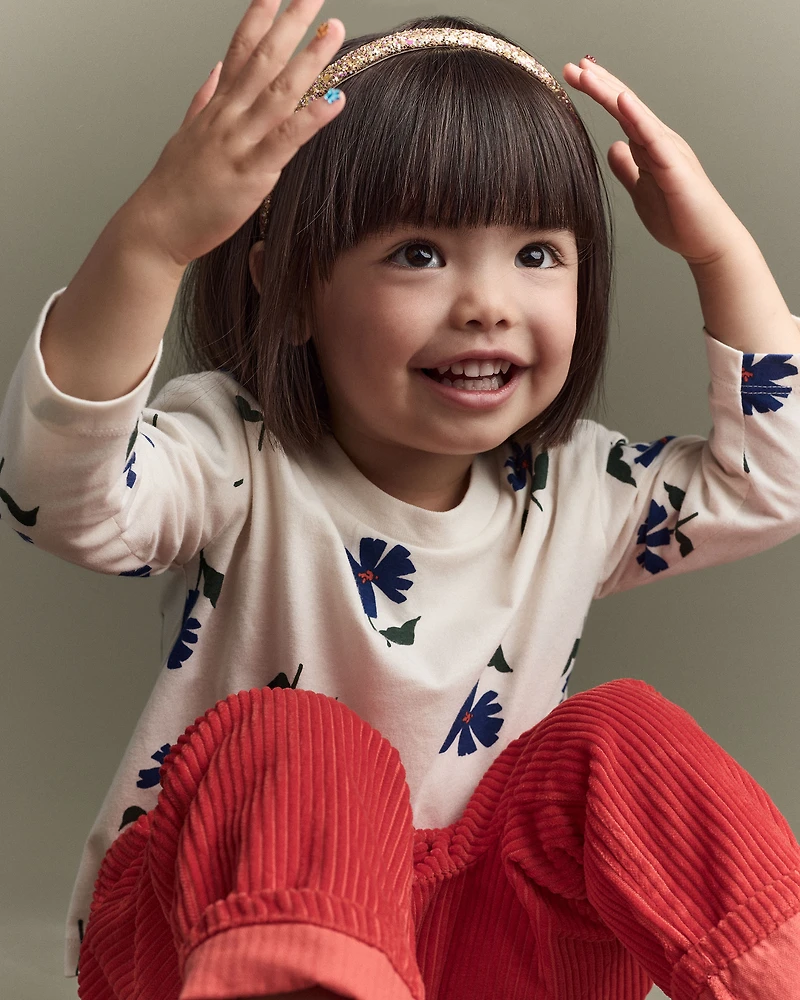 Toddler Girl Floral Long-Sleeve Relaxed Tee - Cream/Blue