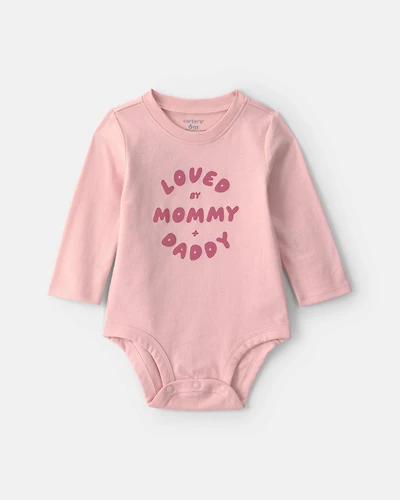 Baby Girl 'Loved By Mommy & Daddy' Long-Sleeve Graphic Bodysuit - Pink