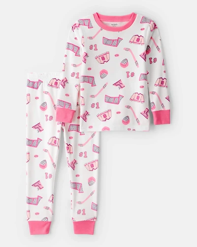 Toddler Girl Hockey Print Fleece Long-Sleeve 2-Piece Pyjamas – Pink