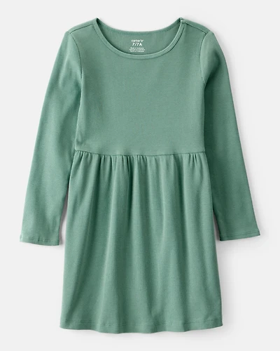 Girls Long Sleeve Cotton Dress - Green
