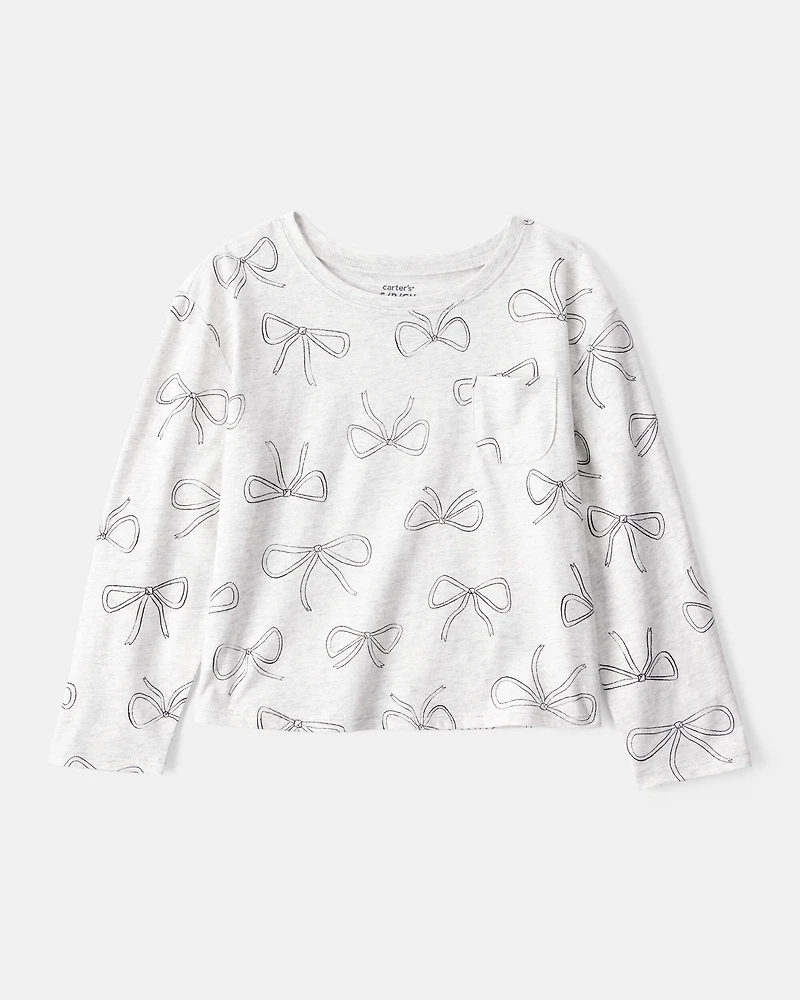 Girls Bow Print Long-Sleeve Top - Grey