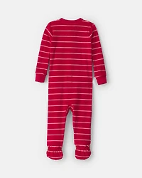 Toddler Boy 1-Piece Moose Striped DreamPlush Snug Fit Footed Pyjama - Red