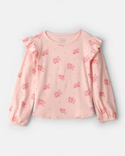 Toddler Girl Floral Cotton Ruffle Long-Sleeve Top - Pink