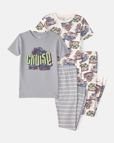 Boys Monster Truck 100% Cotton Snug Fit 4-Piece Pyjama Set - Grey