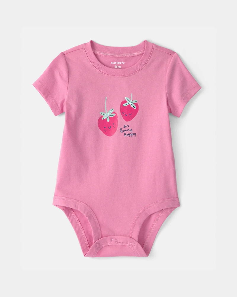 Baby Girl 'So Berry Happy' Strawberry Graphic Bodysuit - Pink