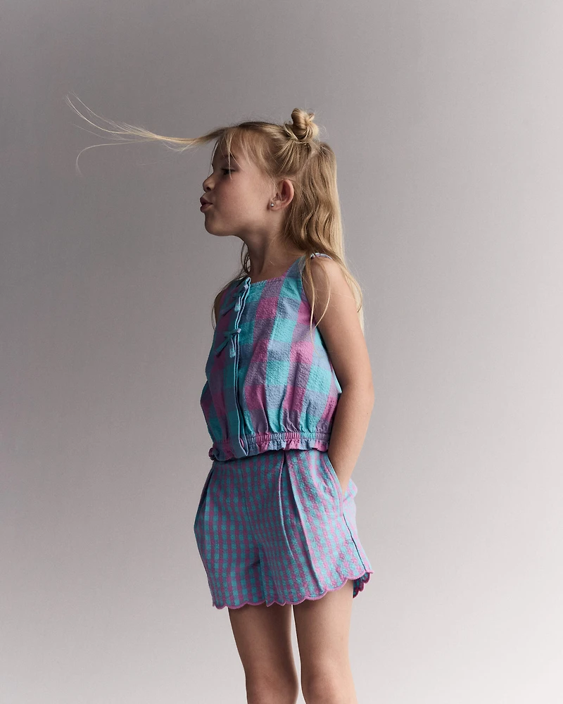 Toddler Girl Gingham Peplum Top with Bows - Purple/Blue