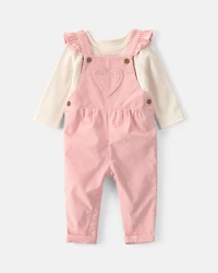 Baby Girl 2-Piece Heart Corduroy Overall Set - Pink
