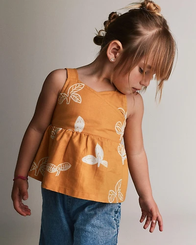 Toddler Girl Peplum Tank Top Plant Print - Mustard Yellow