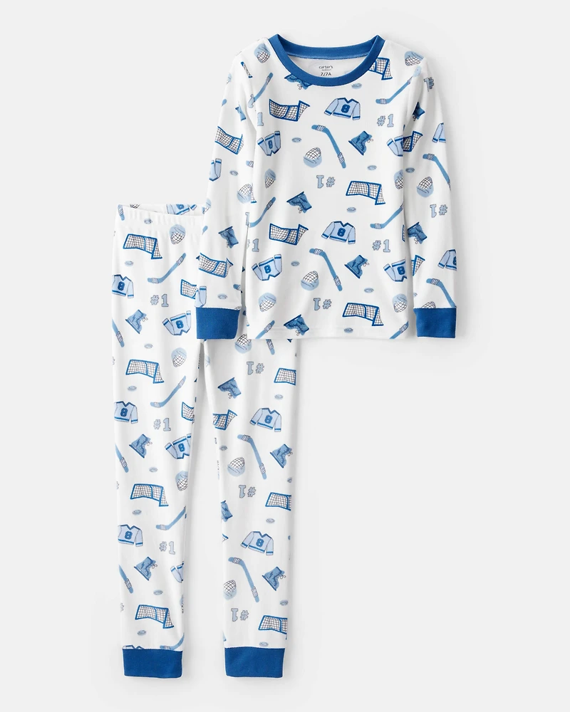 Boys Hockey Print Fleece Long-Sleeve 2-Piece Pyjamas – Blue